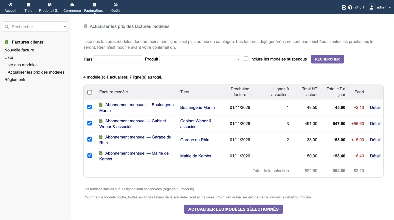 The template invoices screen: every template with a price no longer matching the catalogue, with the current total, the up-to-date total and the difference. Uncheck, then update them all at once.