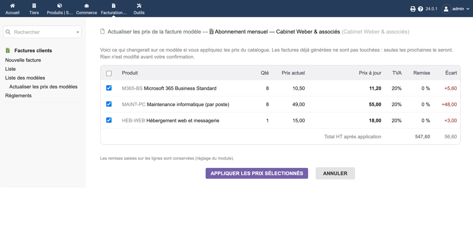 The details of one template, line by line: current price, up-to-date price and difference. Nothing is written before you apply, and only the next invoices will carry the new prices.