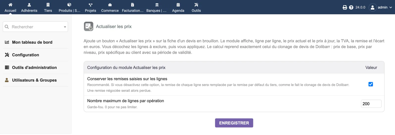 Deux réglages, et rien d'autre : conserver les remises négociées, et un plafond de lignes par opération.