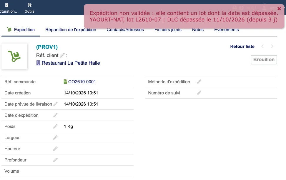 Eine verweigerte Freigabe: Die Charge L2610-07 von YAOURT-NAT hat ein seit 3 Tagen überschrittenes Verfallsdatum (DLC). Die Lieferung bleibt ein Entwurf.