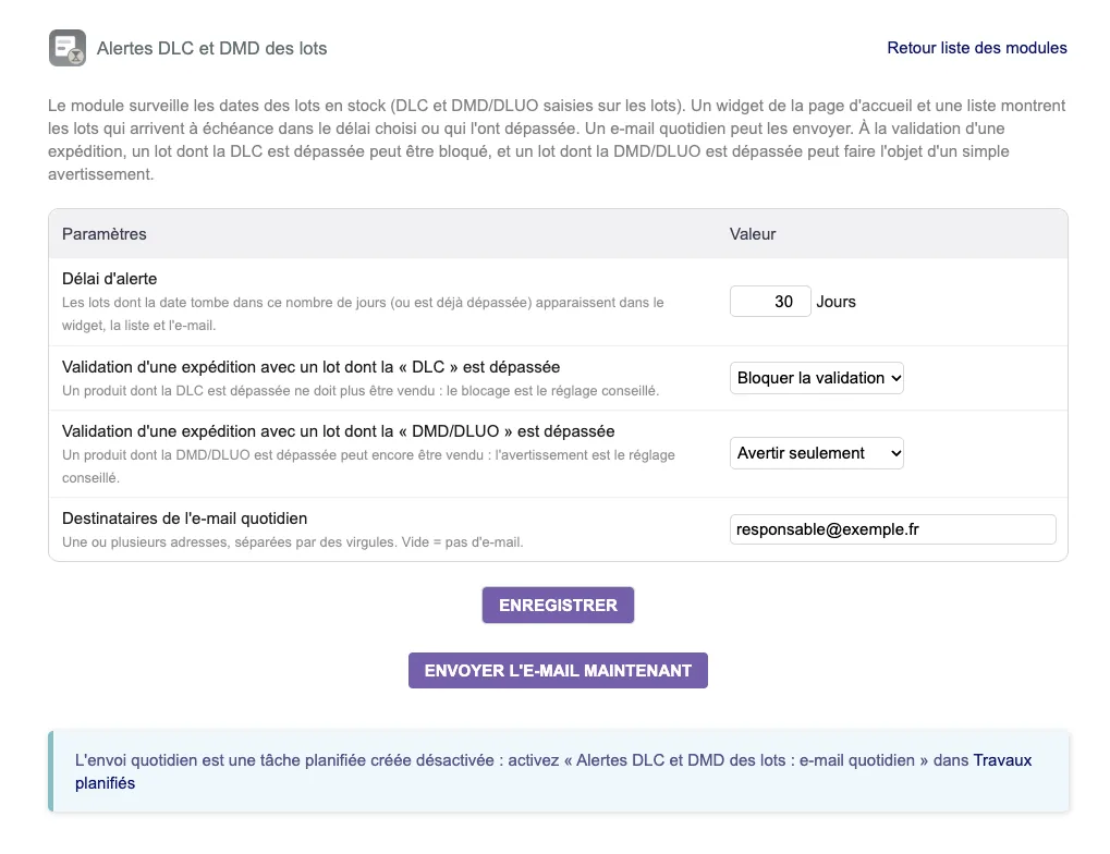 Die Einstellungen: Warnfrist, Einstellung für ein überschrittenes Verfallsdatum (blockieren) und Haltbarkeitsdatum (warnen), Empfänger der täglichen E-Mail und sofortiger Versand.