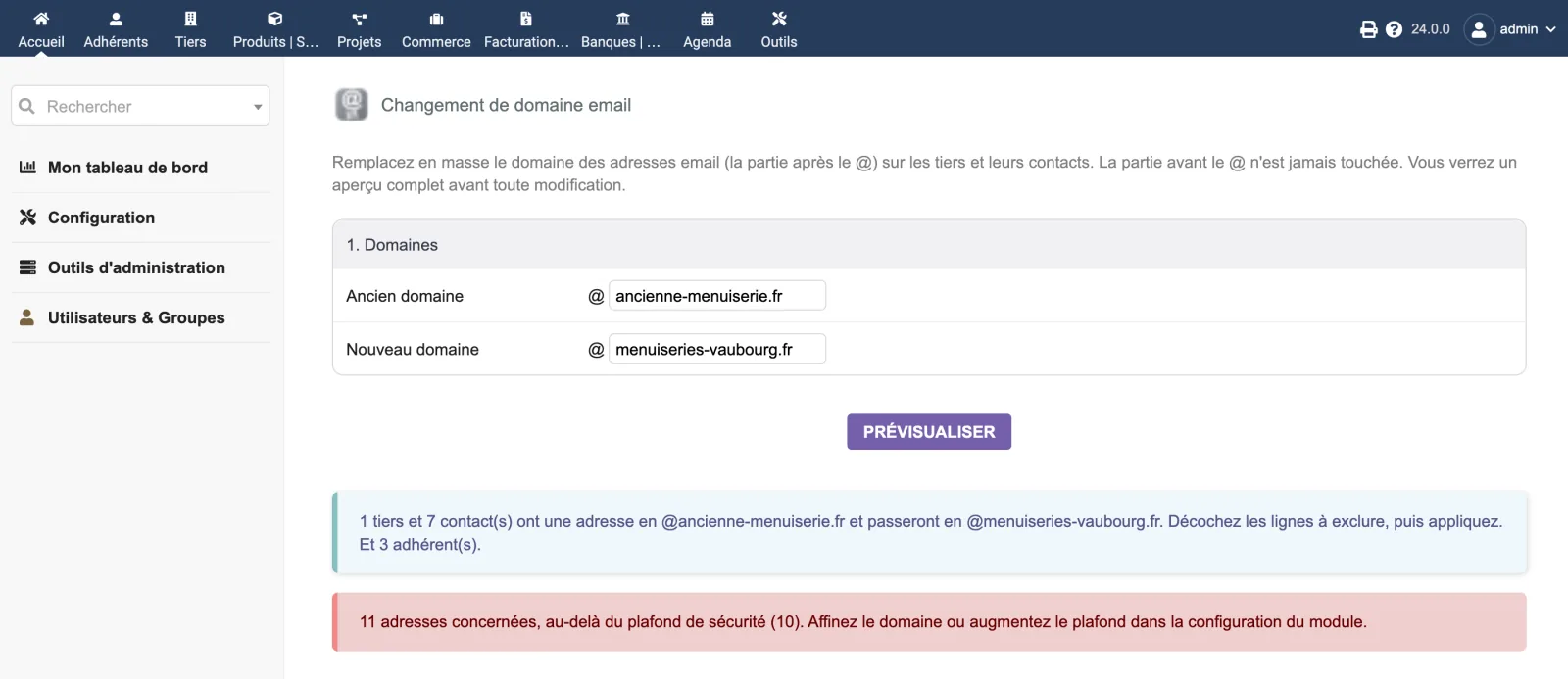 Au-delà du plafond de sécurité, l'application est bloquée. Le module ne modifie jamais plus de fiches que ce que vous avez autorisé.