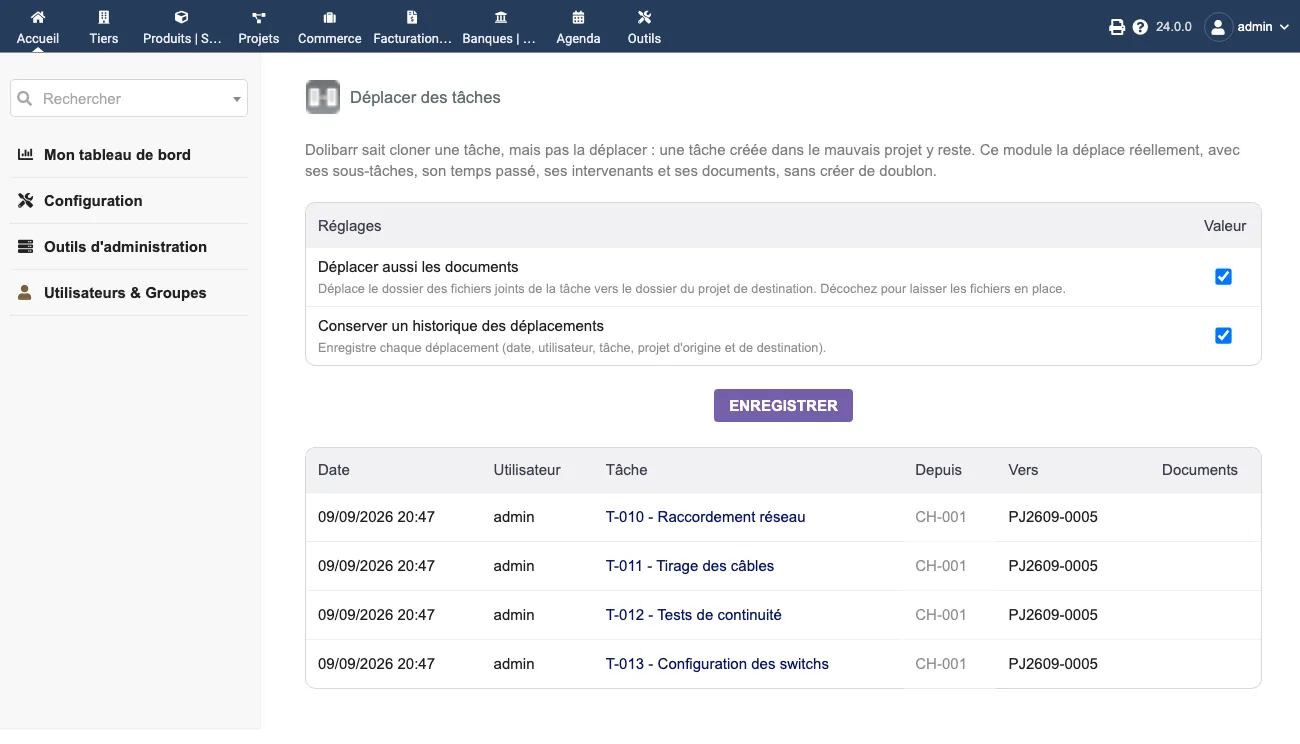 Page de configuration sous Dolibarr 24.0.0 : les deux réglages, « Déplacer aussi les documents » et « Conserver un historique des déplacements », cochés tous les deux, et le tableau d'historique — quatre déplacements de T-010 à T-013, de « CH-001 » vers « PJ2609-0005 ».