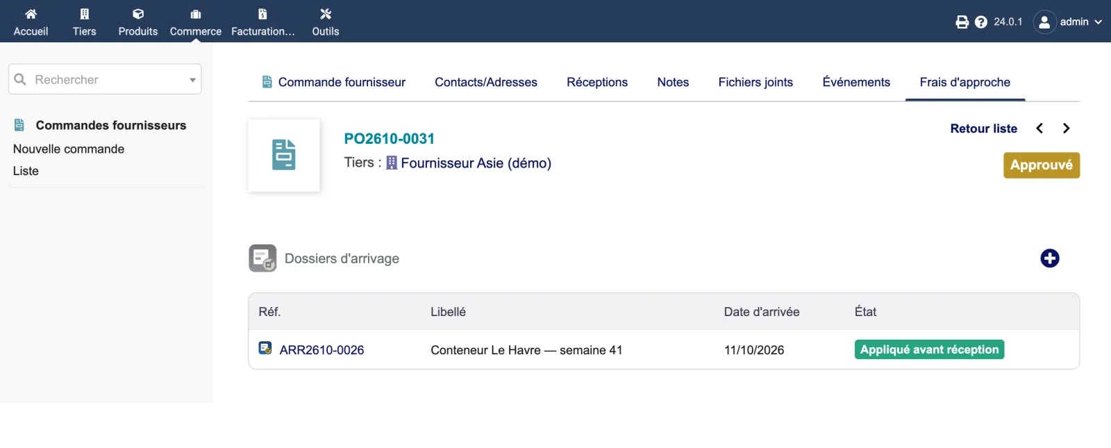 Depuis la commande fournisseur, l'onglet « Frais d'approche » montre les dossiers d'arrivage qui la contiennent, et permet d'en créer un nouveau avec cette commande.