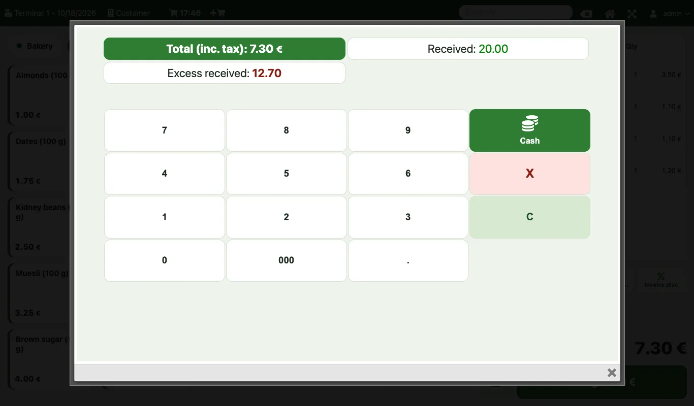 The TakePOS payment screen in the look's colours: 20.00 received in cash for a 7.30 € sale, 12.70 change.