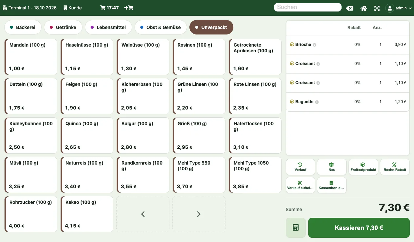 Die moderne Kasse im Design Lebensmittelladen: Kategorie-Reiter, großes Produktraster mit dem Preis unten, Warenkorb rechts und Schaltfläche „Kassieren 7,30 €“.