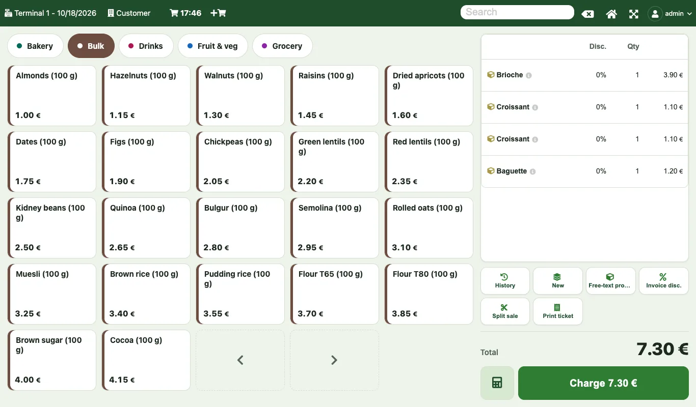 The modern till, Grocery look: category tabs, large product grid with the price at the bottom, basket on the right and “Charge 7.30 €” button.
