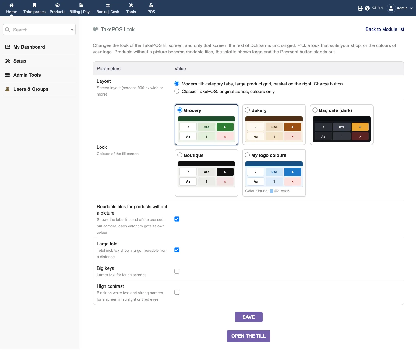 The setup page, for administrators only: layout, look with preview, colour found in the logo, and the readable tiles, large total, big keys and high contrast options.