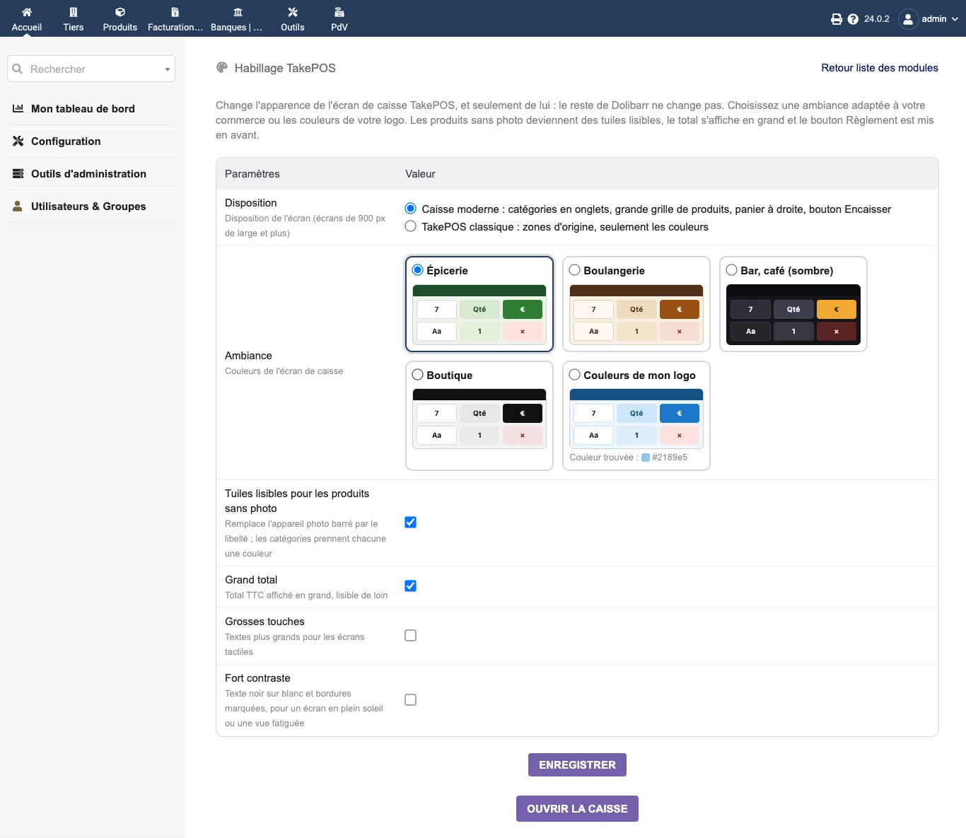 La page de configuration, réservée aux administrateurs : disposition, ambiance avec aperçu, couleur trouvée dans le logo, et les options tuiles lisibles, grand total, grosses touches et fort contraste.