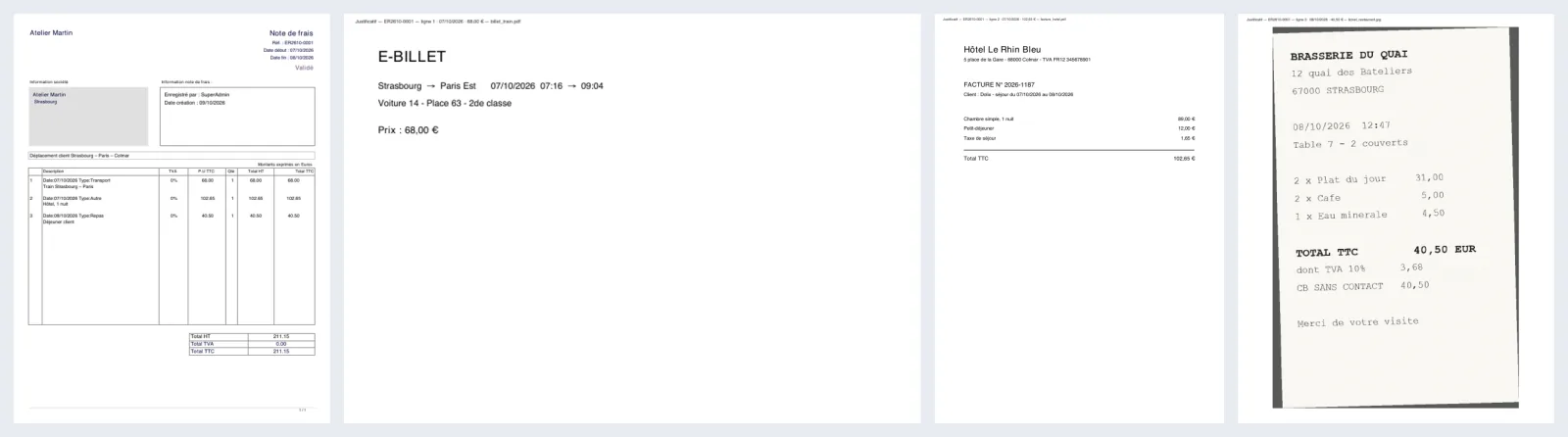 Le PDF de la note de frais ER2610-0001, suivi de ses trois justificatifs dans l'ordre des lignes : billet de train et facture d'hôtel en PDF, photo du ticket de restaurant. Chaque page porte son repère : ligne, date, montant, nom du fichier.