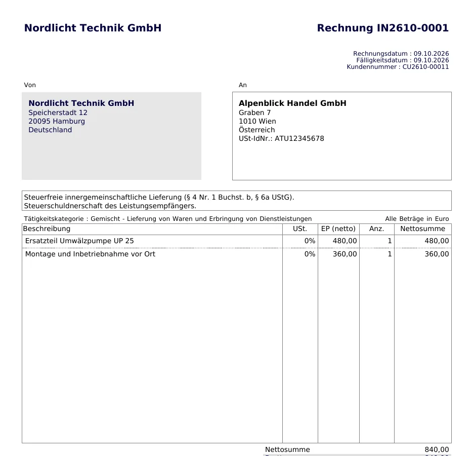 Une société allemande facture un client autrichien qui a un numéro de TVA : une pièce et une intervention, à 0 %. Le module imprime seul les deux mentions, en allemand, dans la zone de notes.