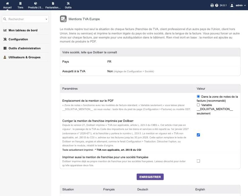 La page de configuration : ce que Dolibarr sait de votre société, l'emplacement de la mention, et la correction de la mention de franchise française.