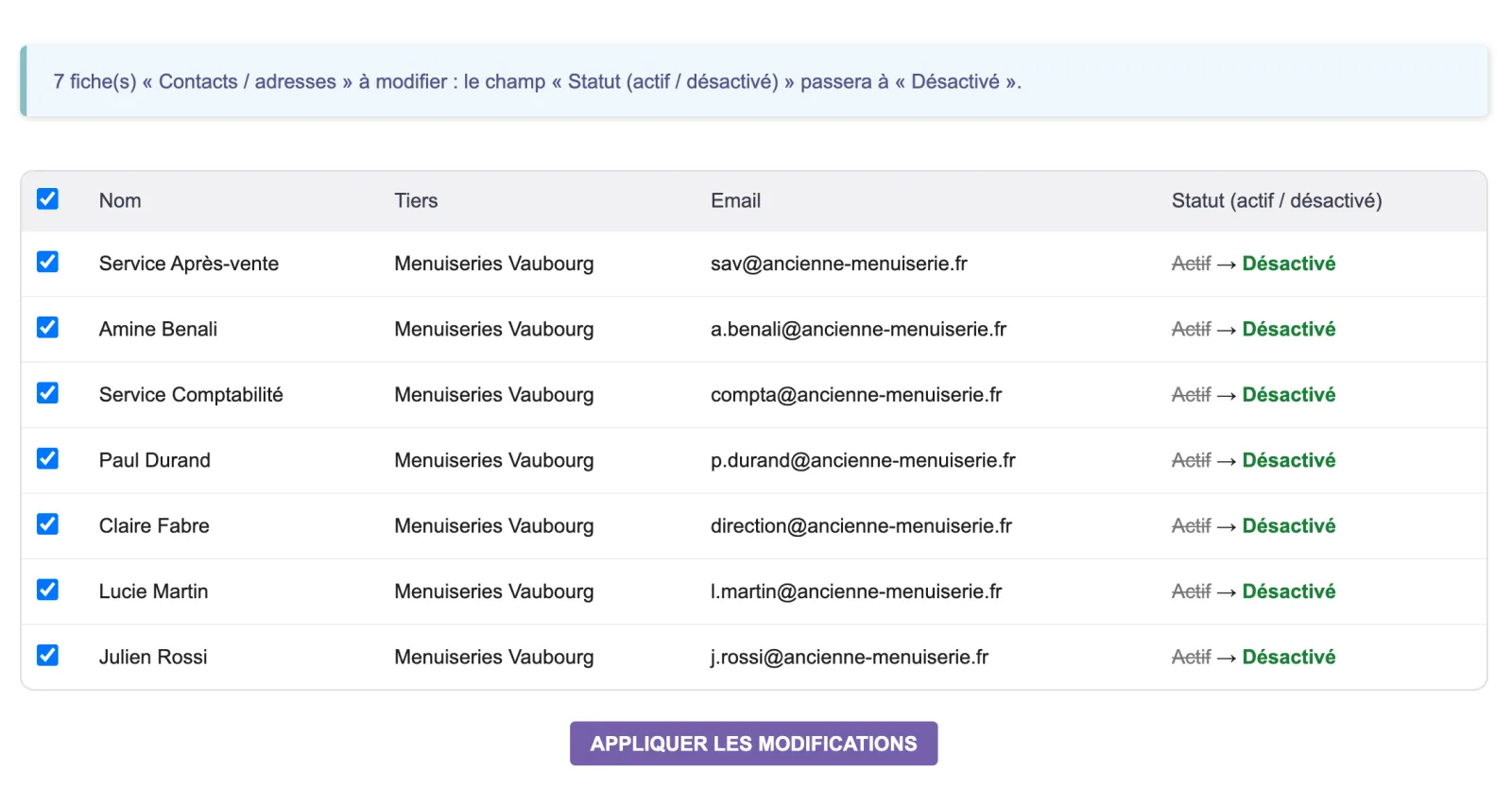 Le même aperçu avant/après, sur des contacts.