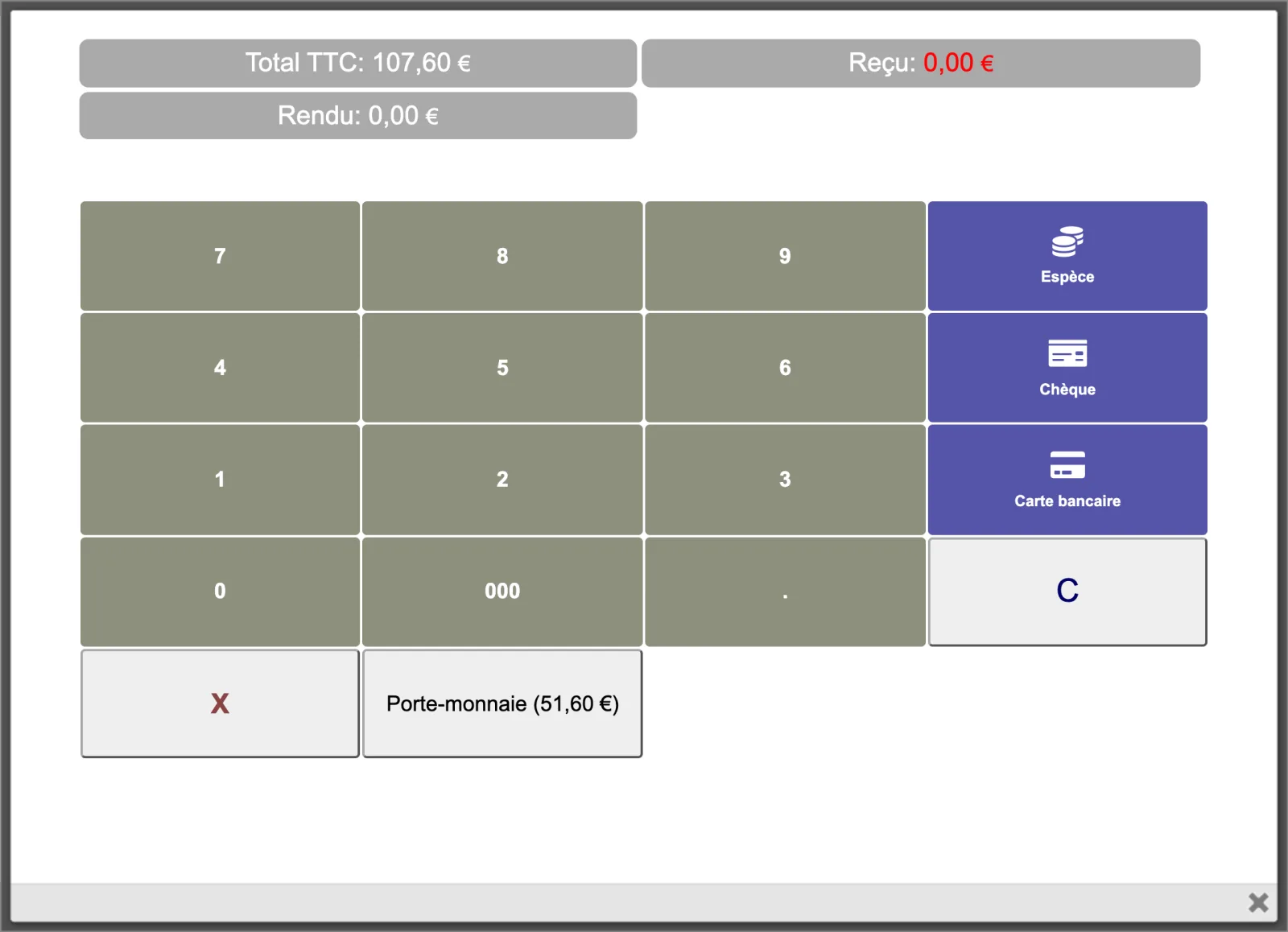 Écran de paiement de TakePOS pour un ticket de 107,60 € TTC : le bouton « Porte-monnaie (51,60 €) » apparaît sous le pavé numérique, à côté des modes de paiement Espèce, Chèque et Carte bancaire.
