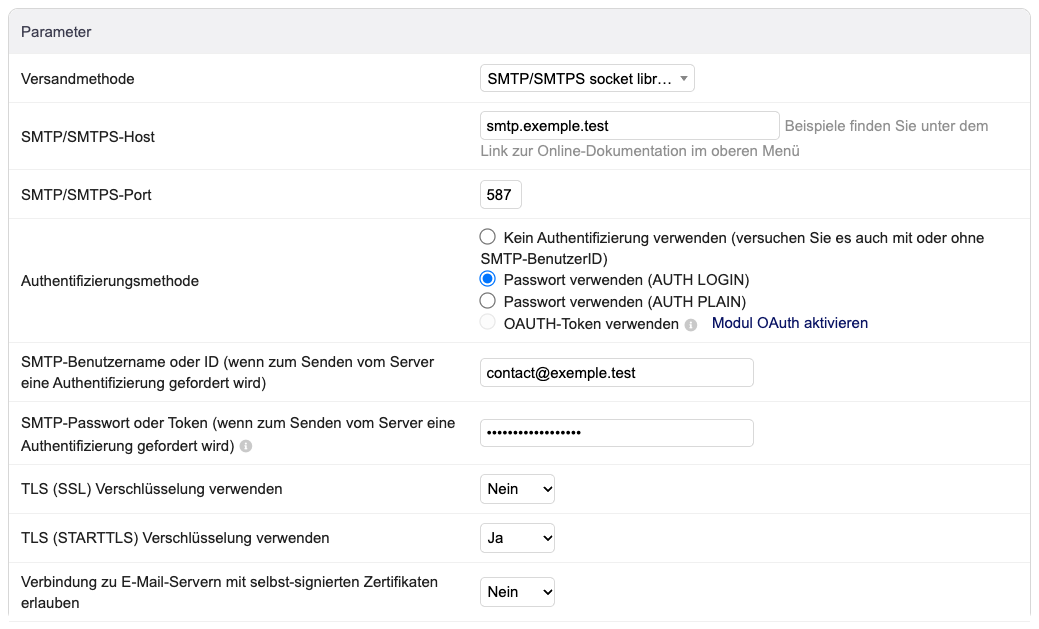 SMTP-Einstellungen für Port 587 mit STARTTLS