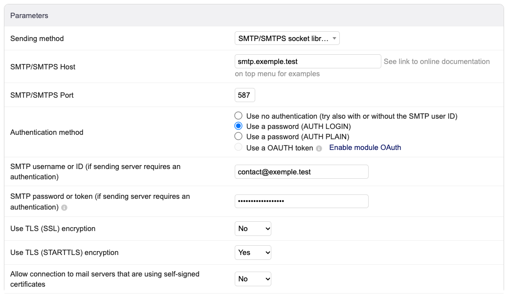 SMTP settings for port 587 with STARTTLS