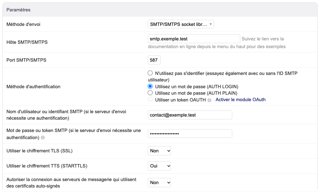 Réglages SMTP pour le port 587 avec STARTTLS