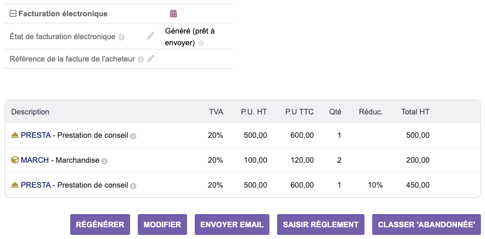 Bloc Facturation électronique d’une facture validée : « Généré (prêt à envoyer) »