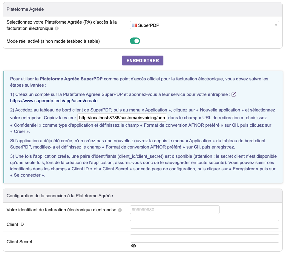 Configuration du module avec SuperPDP sélectionnée : étapes à suivre, Client ID et Client Secret