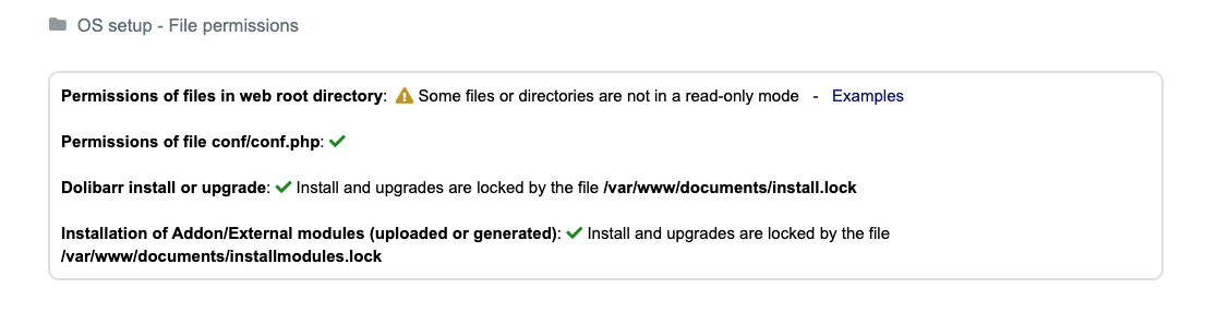 The About Security page after the changes: conf.php and install.lock are green