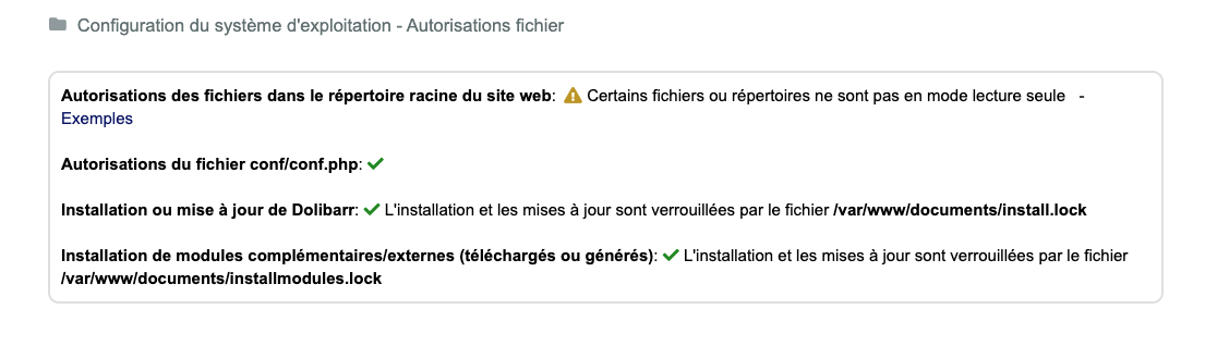 La page Infos sécurité après les réglages : conf.php et install.lock au vert