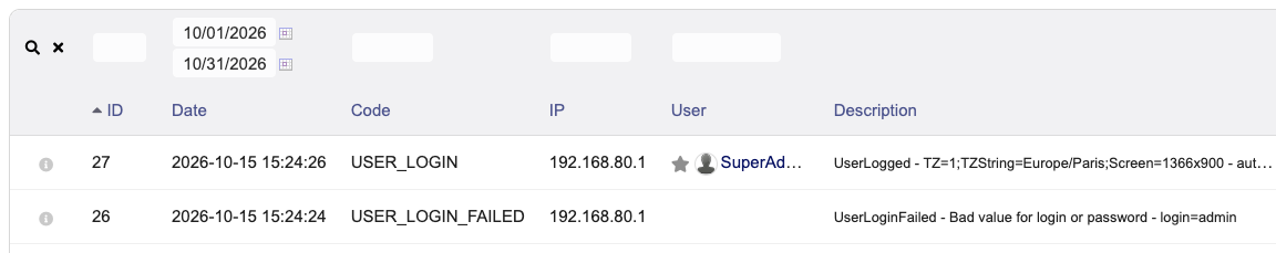 The login log: a failed attempt, then a successful login