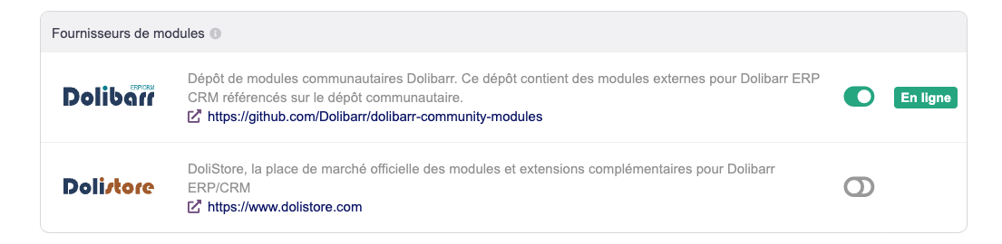 Le dépôt communautaire activé dans la page des modules